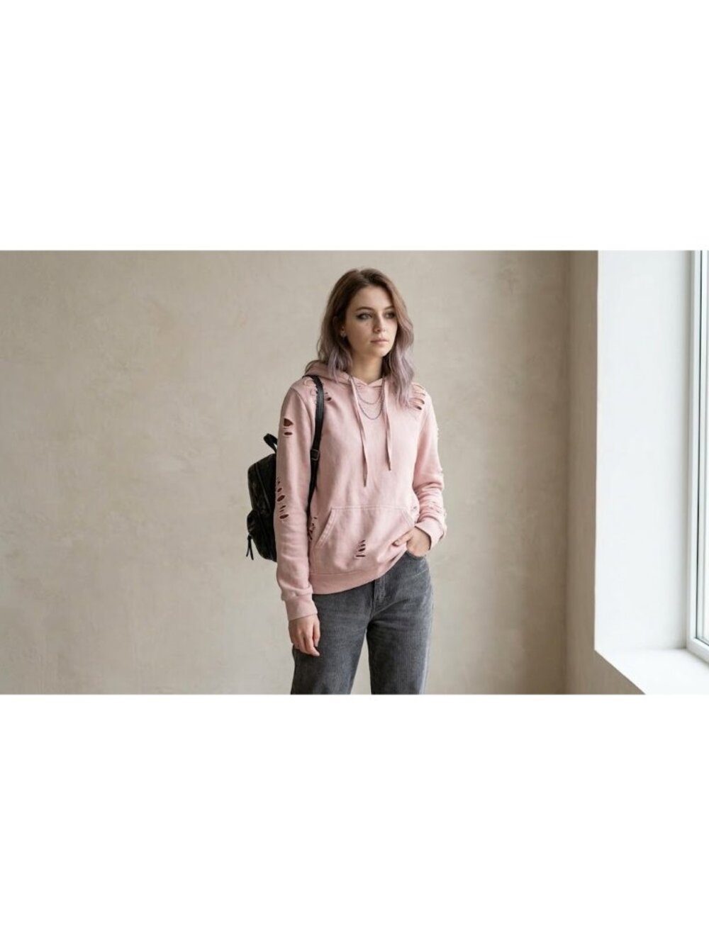 TRY ME Italy Pink Distressed Ripped Hoodie Womens L Sweatshirt Oversized Unisex